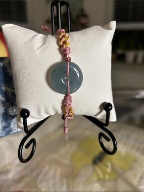 Blue Jade Donut On A Pink Silk Cord Slider Bracelet Peace/Protection/Harmony NIB
